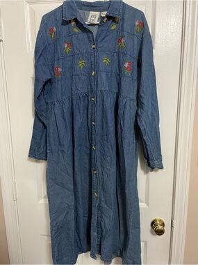Vintage 90s Mississippi River Blues Embroidered Denim Maxi Dress L